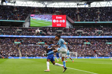 Photo for Nathan Ak of Manchester City clears the ball during the Emirates FA Cup Semi-Final match Manchester City vs Chelsea at Wembley Stadium, London, United Kingdom, 20th April 2024 - Royalty Free Image