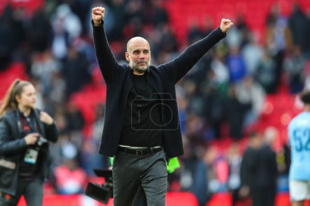 Photo for Pep Guardiola manager of Manchester City celebrates his teams win after the Emirates FA Cup Semi-Final match Manchester City vs Chelsea at Wembley Stadium, London, United Kingdom, 20th April 202 - Royalty Free Image