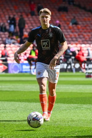 Photo for George Byers of Blackpool during the pre-game warmup ahead of the Sky Bet League 1 match Blackpool vs Barnsley at Bloomfield Road, Blackpool, United Kingdom, 20th April 202 - Royalty Free Image