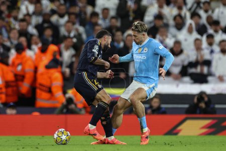 Photo for Daniel Carvajal of Real Madrid fouled by Jack Grealish of Manchester City during the UEFA Champions League Quarter Final Manchester City vs Real Madrid at Etihad Stadium, Manchester, United Kingdom, 17th April 202 - Royalty Free Image