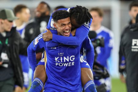 Photo for James Justin of Leicester City and Stephy Mavididi of Leicester City celebrate their 5-0 win during the Sky Bet Championship match Leicester City vs Southampton at King Power Stadium, Leicester, United Kingdom, 23rd April 202 - Royalty Free Image