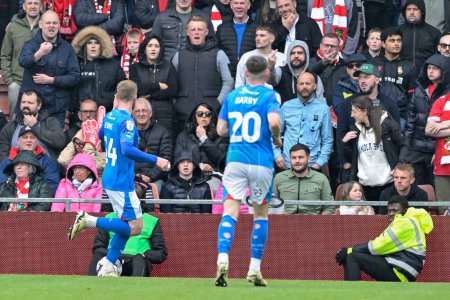 Photo for Connor Lemonheigh-Evans of Stockport County celebrates his goal to make it 0-1 Stockport County, during the Sky Bet League 2 match Wrexham vs Stockport County at SToK Cae Ras, Wrexham, United Kingdom, 27th April 202 - Royalty Free Image