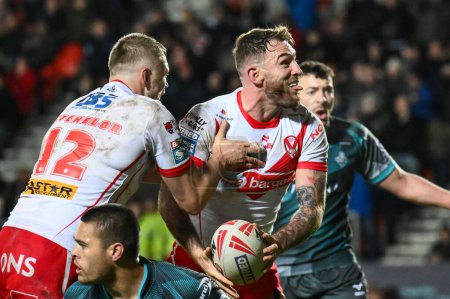 Photo for Daryl Clark of St. Helens celebrates his tryduring the Betfred Super League Round 9 match St Helens vs Huddersfield Giants at Totally Wicked Stadium, St Helens, United Kingdom, 25th April 202 - Royalty Free Image