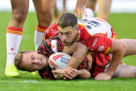 Photo for Matt Moylan of Leigh Leopards gets tackled, during the Betfred Super League Round 9 match Leigh Leopards vs Catalans Dragons at Leigh Sports Village, Leigh, United Kingdom, 26th April 202 - Royalty Free Image