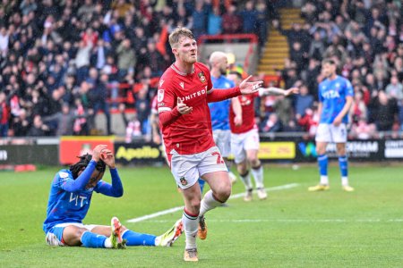 Photo for Andy Cannon of Wrexham celebrates his goal to make it 2-1 Wrexham, during the Sky Bet League 2 match Wrexham vs Stockport County at SToK Cae Ras, Wrexham, United Kingdom, 27th April 202 - Royalty Free Image