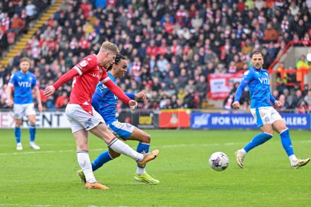 Photo for Andy Cannon of Wrexham scores a goal to make it 2-1 Wrexham, during the Sky Bet League 2 match Wrexham vs Stockport County at SToK Cae Ras, Wrexham, United Kingdom, 27th April 202 - Royalty Free Image