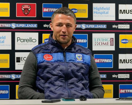 Photo for Sam Burgess, Head Coach of Warrington Wolves speaks to the press after the Betfred Super League Round 9 match Salford Red Devils vs Warrington Wolves at Salford Community Stadium, Eccles, United Kingdom, 27th April 202 - Royalty Free Image