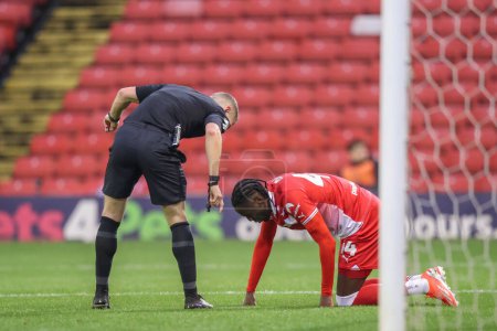 Photo for Referee Will Finnie speaks to Devante Cole of Barnsley after he goes down injured during the Sky Bet League 1 Sky Bet League 1 Promotion Play-offs Semi-final first leg match Barnsley vs Bolton Wanderers at Oakwell, Barnsley, United Kingdom - Royalty Free Image