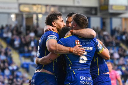 Photo for Toby King of Warrington Wolves celebrates his try during the Betfred Super League Round 11 match Warrington Wolves vs Hull KR at Halliwell Jones Stadium, Warrington, United Kingdom, 9th May 2024 - Royalty Free Image