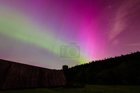 Northern Lights over Derwent Dam where Barnes Wallis Dam Busters practiced during WW2, Bamford, The Peak District National Park, United Kingdom, 10th May 2024 