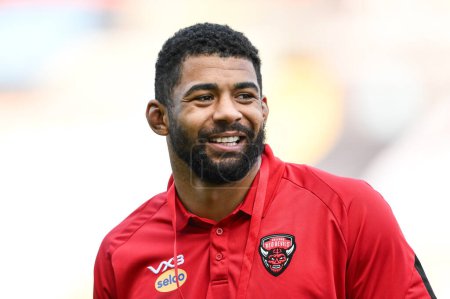 Photo for Kallum Watkins of Salford Red Devils arrives ahead of the  the Betfred Super League Round 11 match Leigh Leopards vs Salford Red Devils at Leigh Sports Village, Leigh, United Kingdom, 10th May 2024 - Royalty Free Image