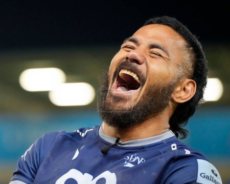 Photo for Sale Sharks centre Manu Tuilagi has a laugh after playing his last game for the Sharks during the Gallagher Premiership match Sale Sharks vs Leicester Tigers at Salford Community Stadium, Eccles, United Kingdom, 10th May 2024 - Royalty Free Image