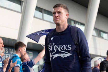 Photo for Sale Sharks full back Sam James arrives at the stadium before the Gallagher Premiership match Sale Sharks vs Leicester Tigers at Salford Community Stadium, Eccles, United Kingdom, 10th May 2024 - Royalty Free Image