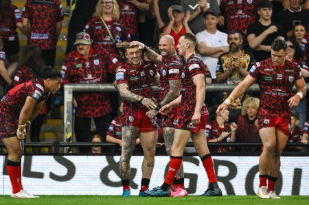 Photo for Josh Charnley of Leigh Leopards celebrates scoring his 300th career try during the Betfred Super League Round 11 match Leigh Leopards vs Salford Red Devils at Leigh Sports Village, Leigh, United Kingdom, 10th May 2024 - Royalty Free Image