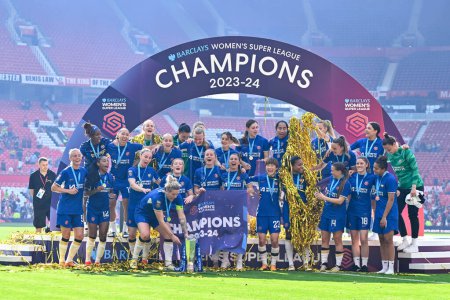 Photo for Chelsea lift The FA Women's Super League, during the The FA Women's Super League match Manchester United Women vs Chelsea FC Women at Old Trafford, Manchester, United Kingdom, 18th May 2024 - Royalty Free Image