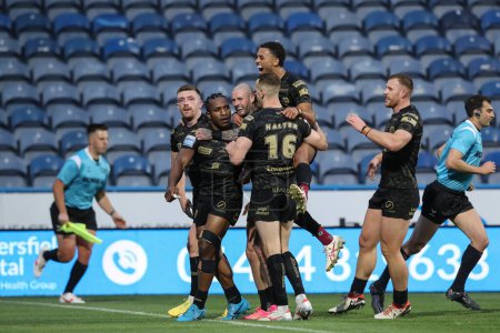 Photo for Edwin Ipape of Leigh Leopards celebrates his try during the Betfred Super League Round 12 match Huddersfield Giants vs Leigh Leopards at John Smith's Stadium, Huddersfield, United Kingdom, 24th May 2024 - Royalty Free Image