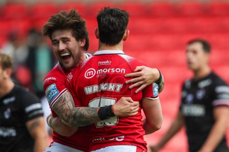 Photo for Shane Wright of Salford Red Devils celebrates his try to make it 26-0 during the Betfred Super League Round 13 match Salford Red Devils vs London Broncos at Salford Community Stadium, Eccles, United Kingdom, 2nd June 2024 - Royalty Free Image