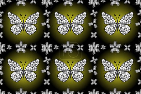 Photo for Colorful romantic butterflies seamless pattern background. Decorative with hand drawn butterflies. Abstract background on black, gray and green colors. - Royalty Free Image