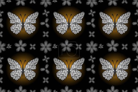 Téléchargez les photos : Contrast seamless butterfly cloth template on black, white and brown. Flying butterfly linen theme Repeating insect fabric clipart for garments. Simple feminine pattern for invitation, print. - en image libre de droit