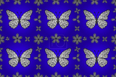 Foto de Patrón floral de mariposa sobre tema tropical. Lindo patrón sin costuras mariposa en colores azul, blanco y negro. Perfecto para textiles, fondos de pantalla, fondos de página web, texturas superficiales. diseño. - Imagen libre de derechos