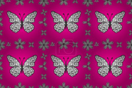 Photo for Vintage hand drawn of beautiful colorful butterflies on a magenta, white and black background. Fashion cute fabric design. illustration. - Royalty Free Image