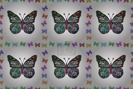 Photo for Pictures in gray, green and white colors. Beautiful butterflies flying in the floral jungle design for book pages. Seamless colorfil pattern. Raster illustration. Fantasy nice illustration. - Royalty Free Image