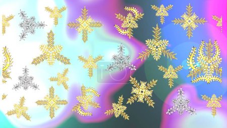 Photo for Symbol holiday, New Year celebration raster golden pattern. Winter snow texture wallpaper. Golden snowflakes on neutral, white and blue colors. Christmas golden snowflake sketch pattern. - Royalty Free Image