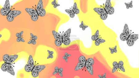 Téléchargez les photos : Décoration tendance avec de belles silhouettes papillon. Fond de printemps avec des papillons colorés. Fond raster sur les couleurs jaune, blanc, beige. Modèle féminin mignon pour carte, invitation, impression - en image libre de droit