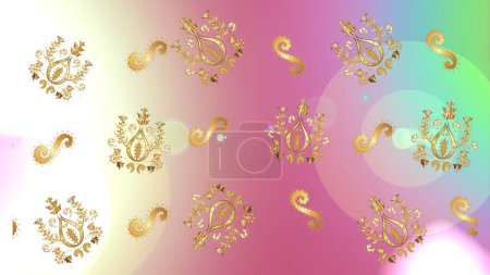 Photo for Pattern on pink, white and neutral colors. Ornamental floral elements with henna tattoo, golden stickers, mehndi and yoga design, cards and prints. Raster golden mehndi seamless pattern. - Royalty Free Image