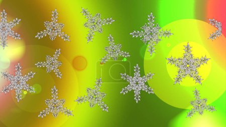 Christmas pattern with snowflakes abstract background. Brown, green and yellow snowflakes. Holiday design for Christmas and New Year fashion prints. Raster illustration.