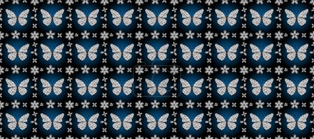 Modèle sans couture de papillons de silhouette dessinés à la main avec texture aquarelle. Illustration en noir, bleu et blanc. Dans le style vintage.