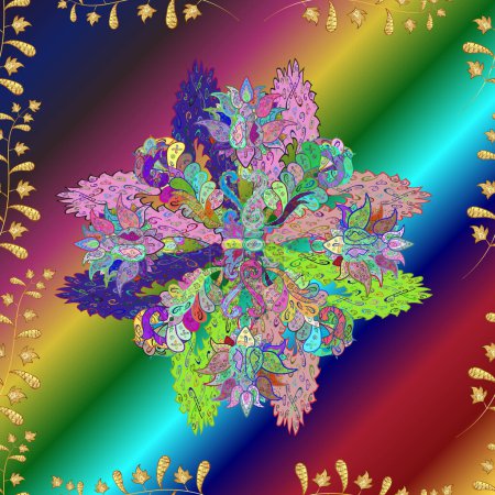 Pattern with abstract art flower for Tibetan yoga. Bohemian decorative element, indian henna design, retro ornament. Mandala, tribal vintage sketch with a medallion on green, purple and blue colors.