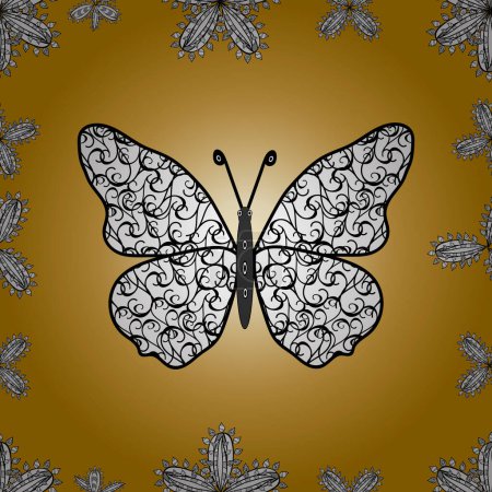 Illustration for Butterflies pattern. Abstract seamless background. Illustration on yellow, white and black colors. Fashion Fabric Design. Vector. - Royalty Free Image