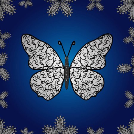 Illustration for Vector butterflies pattern. Abstract seamless background. Fashion nice fabric design. Illustration on blue, white and black colors. - Royalty Free Image
