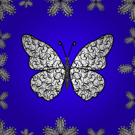 Illustration for Butterfly floral pattern on tropical theme. Cute butterfly seamless pattern in blue, white and black colors. Perfect for textile, wallpapers, web page backgrounds, surface textures. Vector design. - Royalty Free Image