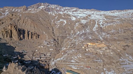 Kaza, Himachal, India : Dhankar Gompa (monastery), 1200 year-old architecture in the cold desolate desert mountain valley in Spiti, located very high in the rain shadow region of the Himalayas