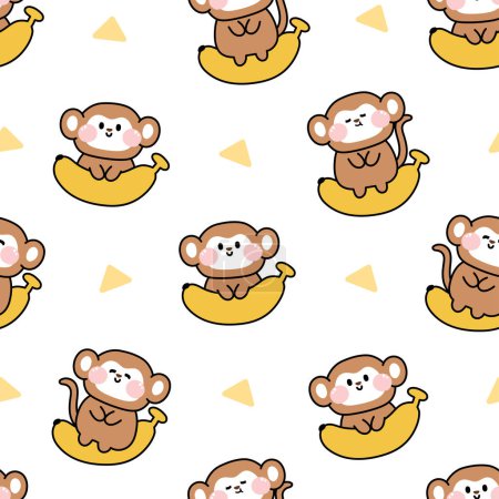 Illustration for Seamless pattern of cute monkey with banana on white background.Wild animal cartoon character design.Baby clothing.Kawaii.Vector.Illustration. - Royalty Free Image