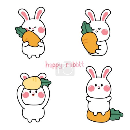 Illustration for Set of cute rabbit with carrot in various poses.Happy bunny cartoon hand drawn collection.Easter.Spring.Vegetables.Image for card,poster,sticker,baby product.Kawaii.Vector.Illustration. - Royalty Free Image