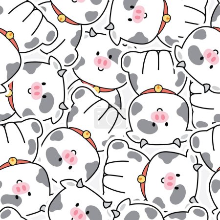 Seamless pattern of cute cow sit sticker background.Farm animal cartoon.Image for card,poster,baby clothing.Hand drawn.Kawaii.Vector.Illustration.
