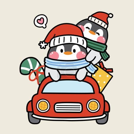 Illustration for Cute penguin wear santa hat with candy and gift box drive car.Christmas concept.Animal character cartoon design.Kid graphic.Winter.New year festival.Kawaii.Vector.Illustration. - Royalty Free Image