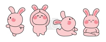 Illustration for Set of cute animal in various yoga poses.Rabbit meditation collection.Cartoon hand drawn.Image for card,sticker.Kawaii.Isolated.Vector.Illustration. - Royalty Free Image