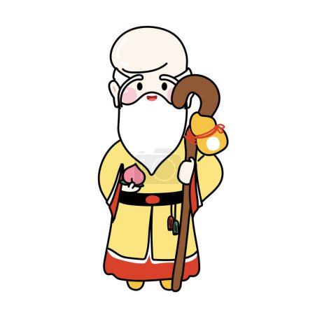 Ilustración de Shou.Longevity god.Chinese dios stand hold calabash palo y peach.Cute personaje de dibujos animados dibujado a mano style.Kawaii.Vector.Illustration. - Imagen libre de derechos