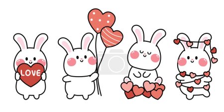Téléchargez les illustrations : Valentines day.Set of cute rabbit with heart in various poses.Animal character cartoon design.Heart balloon.Bunny.Love text.Kawaii.Vector.Illustration - en licence libre de droit