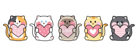 Valentines day.Set of cute cat hold heart balloon sit on white background.Pet animal character cartoon design.Love text.Meow lover.Isolated.Kawaii.Vector.Illustration.