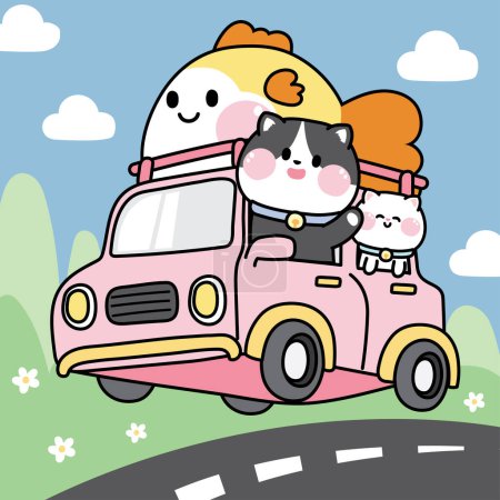 Cute cat drive car with big fish on road background.Pet charater design.Animal cartoon hand drawn.Meow lover.Trip.Travel.Kawaii.Vector.Illustration.