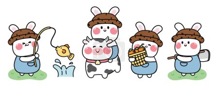 Illustration for Set of cute rabbit in various poses farm concept.Pet animal character cartoon design.Bunny farmer.Fishing.Ride cow.Easter.Kawaii.Vector.Illustration. - Royalty Free Image