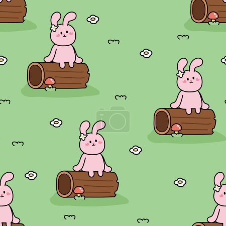 Illustration for Seamless pattern of cute rabbit sit on wood grass background.Wild animal character cartoon design.Flower.Nature.Easter.Kawaii.Vector.Illustration. - Royalty Free Image