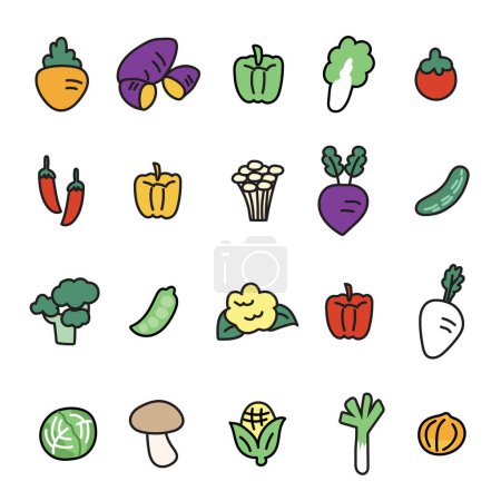 Téléchargez les illustrations : Set of cute vegetable cartoon on white backgroud.Plant collection.Food stuff.Hand drawn.Kawaii.Vector.Illustration. - en licence libre de droit