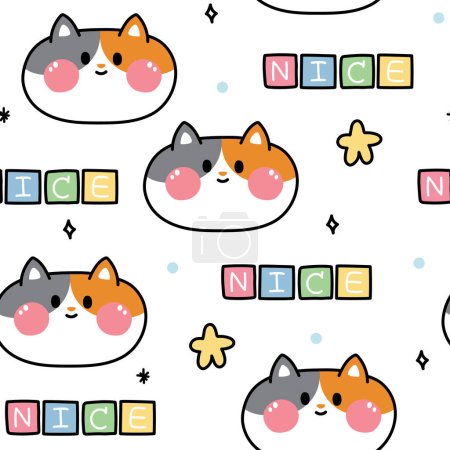 Téléchargez les illustrations : Seamless pattern of cute cat face with nice word on white backgorund.Pet animal character cartoon design.Image for card,poster,baby clothing.Kawaii.Vector.Illustration. - en licence libre de droit