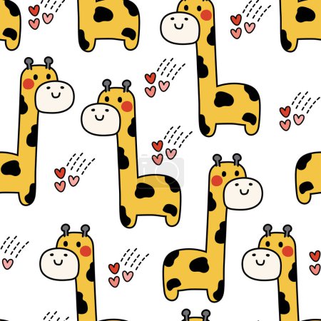 Téléchargez les illustrations : Seamless pattern of cute giraffe with heart on white background.Zoo animal character design.Baby clothing.Kawaii.Vector.Illustration. - en licence libre de droit